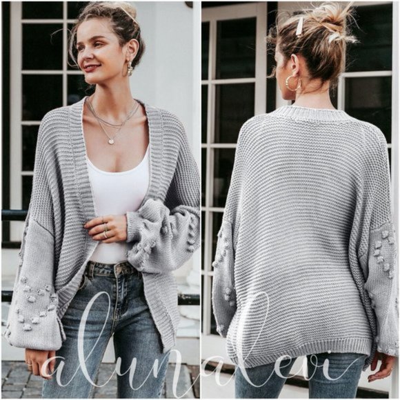 !!! SALE  -- GREY POM BALLOON SLEEVE KNIT SWEATER - Picture 2 of 2